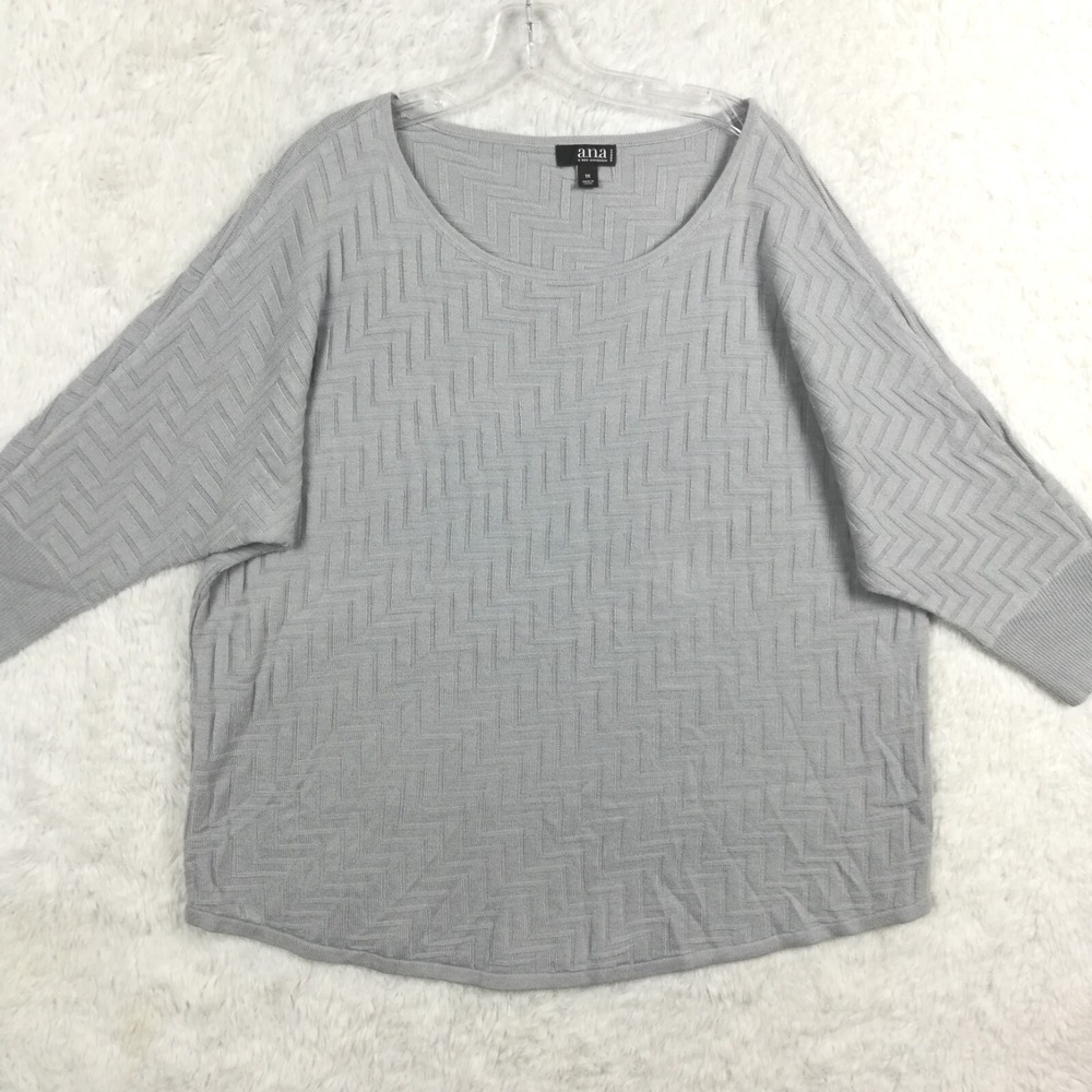 A.N.A Womens Sweater Gray Chevron Batwing Round Hem 3/4 Sleeve Knit Plus 1X